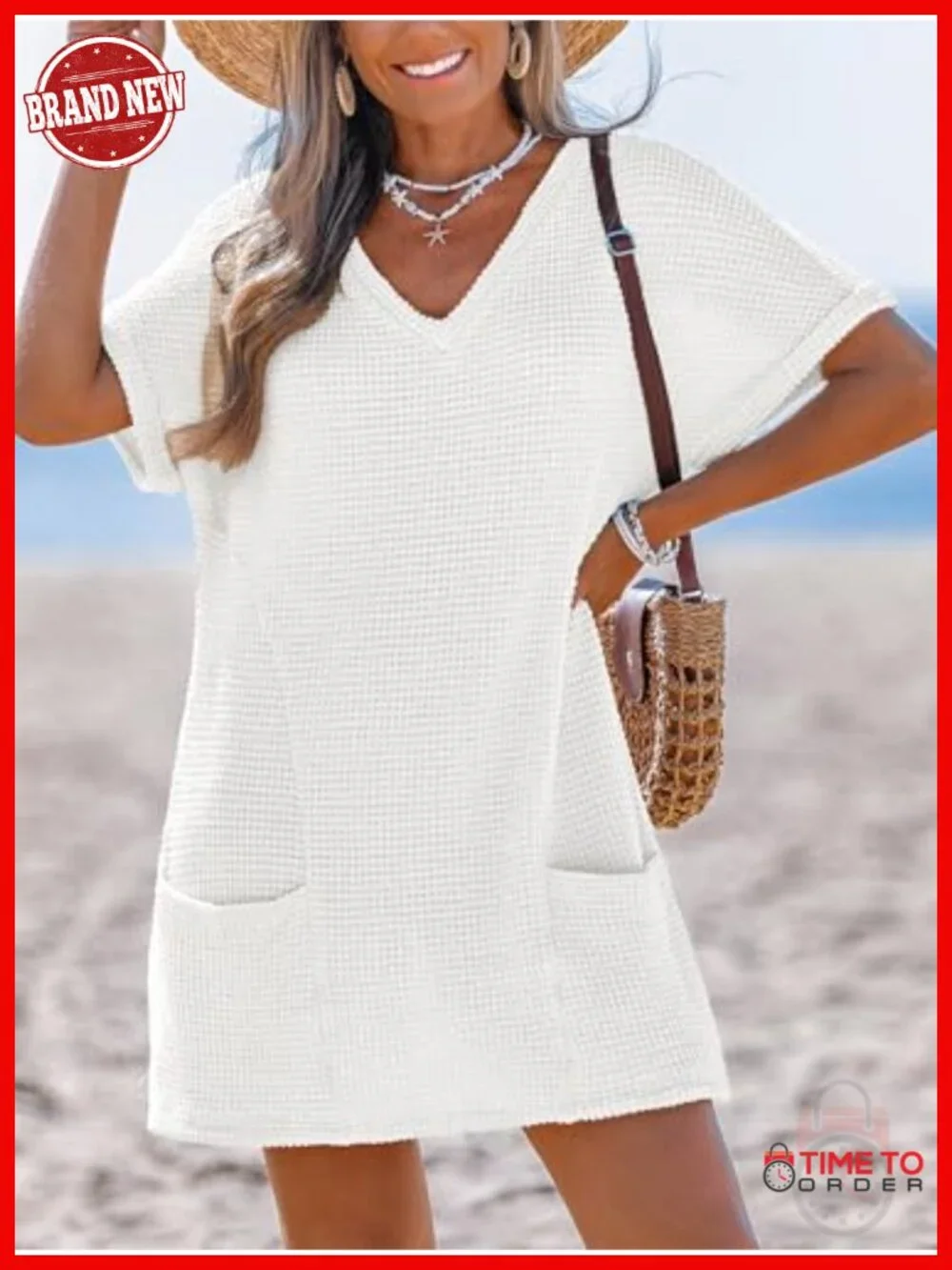 Waffle Knit V Neck Short Sleeve Beach Coverup Dress with Pockets